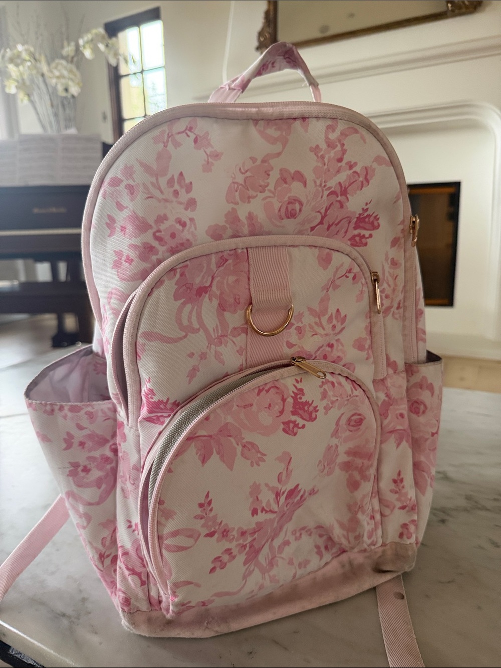 Pottery Barn Kids Pink Floral Backpack with Gold Accents